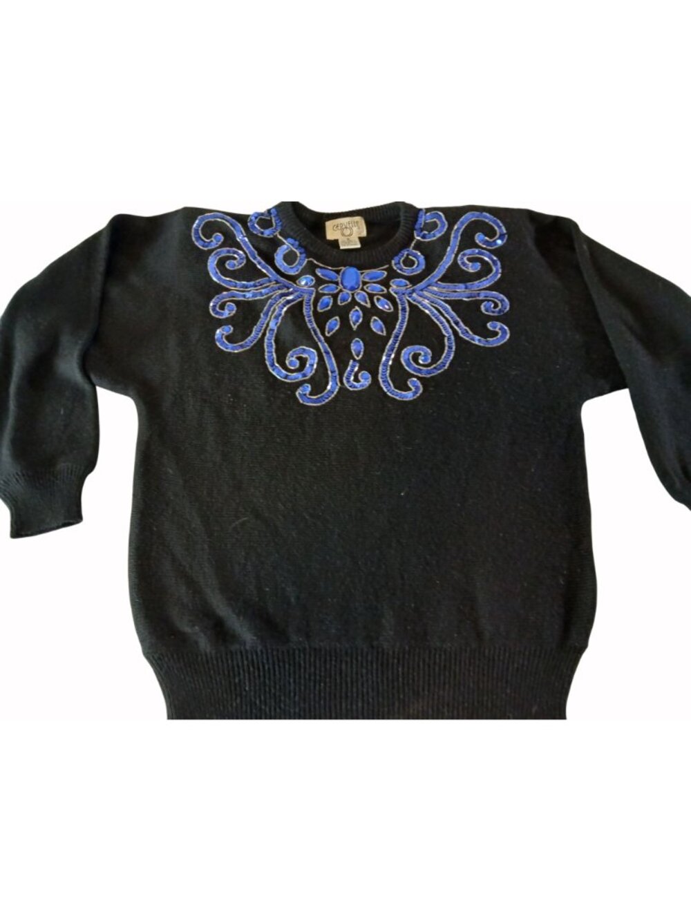 Vintage Cervelle Black Sweater Blue Sequins Beaded Size S Oversized Bedazzled - Picture 7 of 10